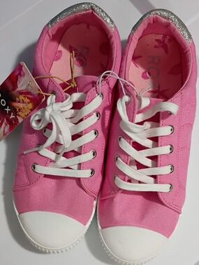 ROXY Pink Canvas Glitter-Trim Lace-Up Sneakers SIZE 4 NWT